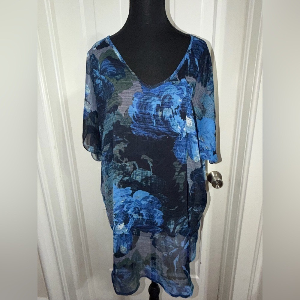 Express Blue Floral Blouse, cover up, size large women's, swim suit cover, sheer